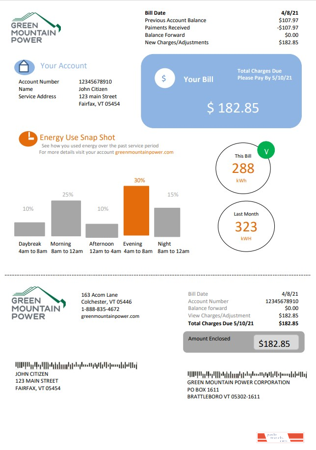 USA Vermont Green Mountain Power electricity utility bill in Word and PDF format